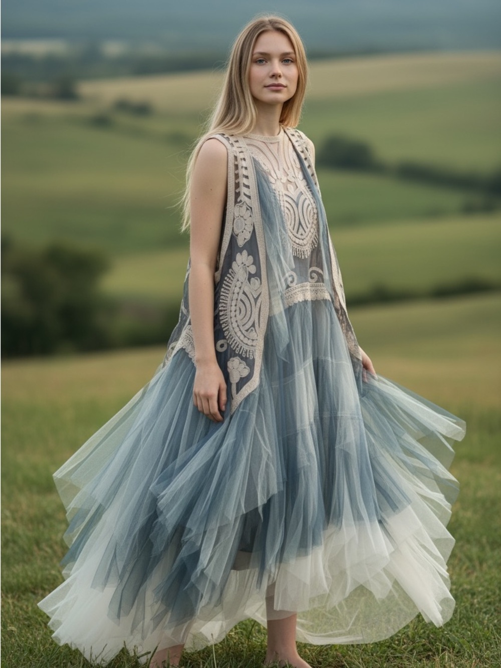 Origami Sleeveless Layered Tulle Vest in Blue and Cream